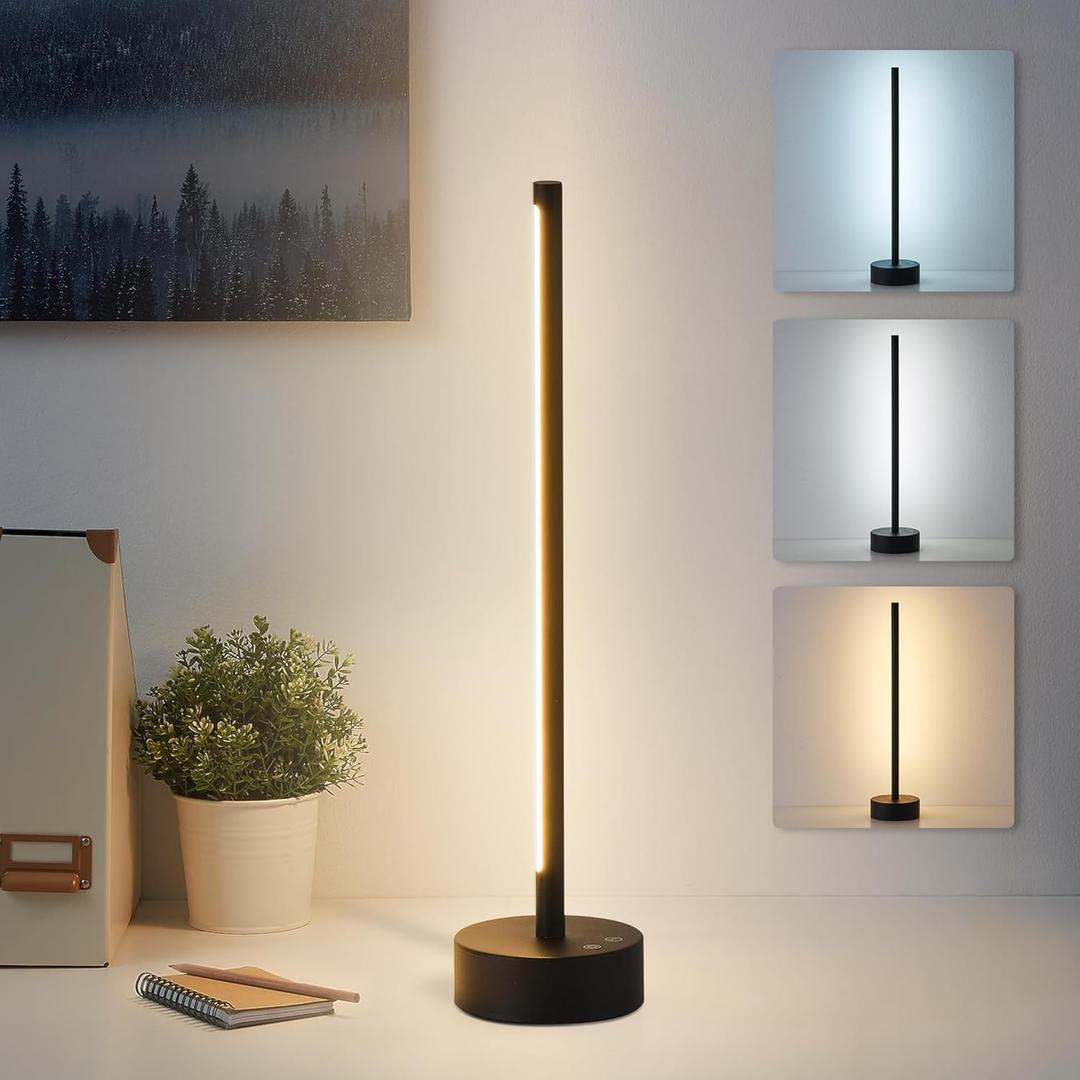 KARTOOSH Cordless LED Table Lamp, Battery Operated Portable Desk Lamp,Dimmable/3 Color/Memory Function,Modern Rechargeable Table Light for Living Room,Bedroom,Bedside,Black (17.5"D x 3.5"W x 4.7"H)