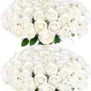 Rowfad 60 Pcs Artificial Roses Bulk Velvet Silk White Roses White Roses for Wedding Centerpieces Bridal Bouquet Mohter's Day Valentine's Day Home Decor (60, White)