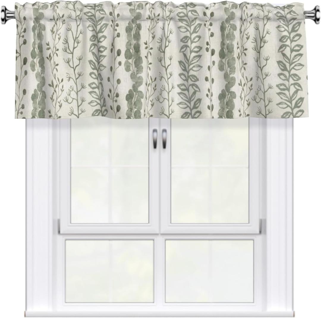 Sage Green Valances for Windows Leaves Printed Kitchen Curtain Farmhouse Spring Short Curtains with Rod Pocket Design Light Filtering Polyester Valance 54 x 18 Inch, 1 Pack