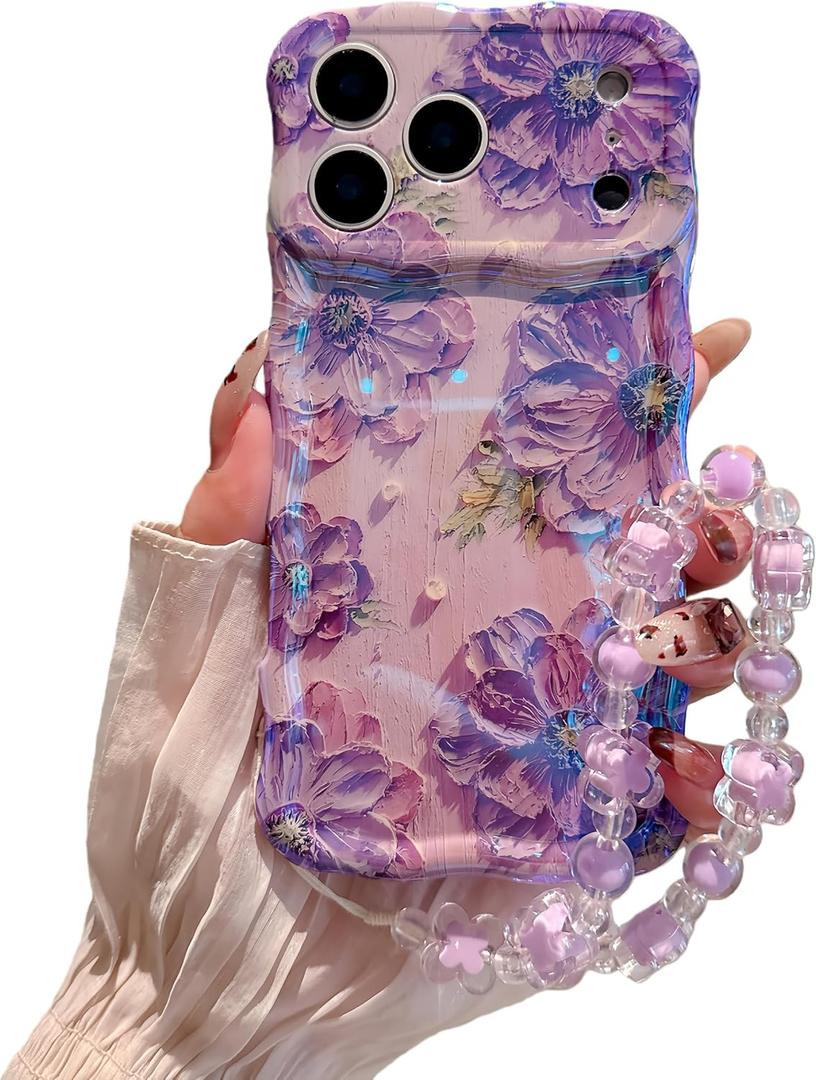 for iPhone 17 Pro Max Wavy Case, Curly Protection FrameVintage Glossy Oil Painting Floral Print with Lovely Bead Chain for Grils and Women (Purple)