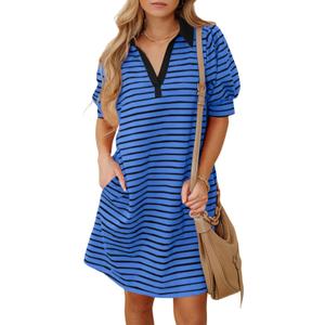 BLENCOT Women's Casual Polo V Neck T Shirt Striped Dress Summer Puff Short Sleeve MIdi Dresses