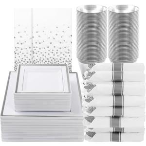 Goodluck 352 Piece Silver Dinnerware Set for 50 Guests, Square Plastic Plates with Silver Trim, Include: 100 Plastic Plates, 50 Rolled Napkins, 50 Cups, 50 Cutlery Set and 2 Tablecloth