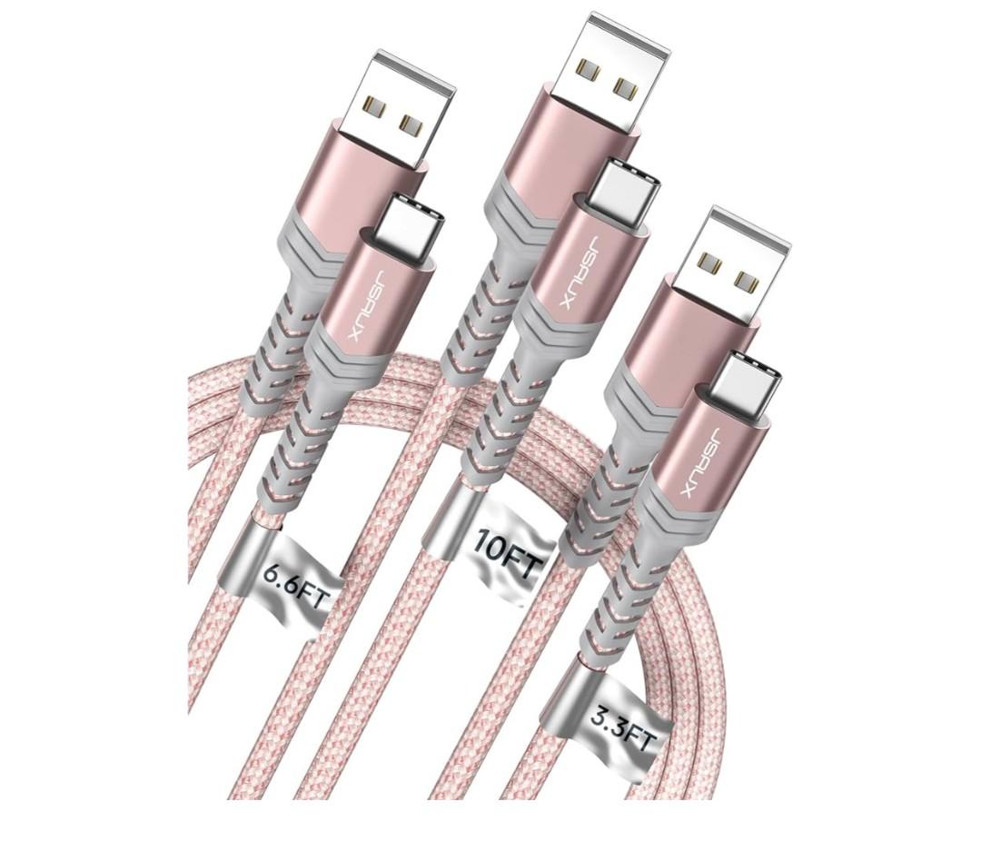 JSAUX USB C Cable Fast Charging, 3-Pack (10ft+6.6ft+3.3ft) USB A to Type C Charge Cord for iPhone 17/17 Pro/17 Pro Max, iPhone 16/16 Pro/16 Pro Max, Samsung Galaxy S24 S22 S20, USB C Charger(Pink)