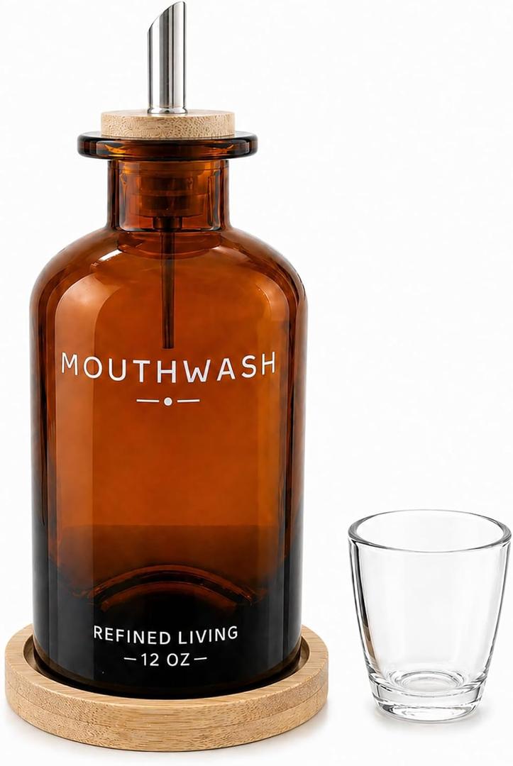 Mouthwash Dispenser for Bathroom, 12 OZ Refillable Glass Mouthwash Bottle with Cup and Bamboo Tray, Decorative Mouth Wash Dispenser Set for Bathroom (Amber)