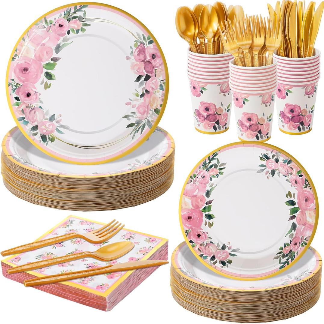 Ziliny 350 Pcs Floral Party Supplies Tableware Set Disposable 9'' 7'' Paper Plates 9 oz Cups Cutlery Napkins Dinnerware for Baby Shower Bridal Wedding 1st Birthday, Serve 50 (Floral, Rose Gold)