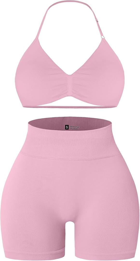 Comper 2 Piece Workout Sets for Women Halter Strappy Sports Bra with Seamless Ribbed Gym Yoga shorts Outfits (Pink, S)