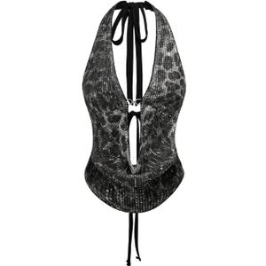 Verdusa Women's Cheetah Print Sequin Top Y2K Tie Back Corset Halter Going Out Crop Tops (Medium, Black)