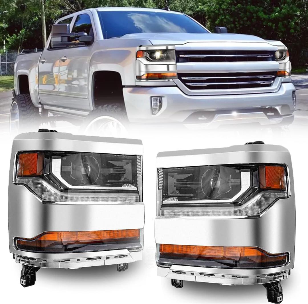 ROXX Headlight Assembly Fits for 2016-2019 Chevy Silverado 1500 [HID/Xenon Type] Projector Chrome Headlights with LED Parking Lamp, 16-19 Chevy Silverado 1500 Headlights Assembly Replacement 1 Pair (Chrome Housing / Clear Lens)