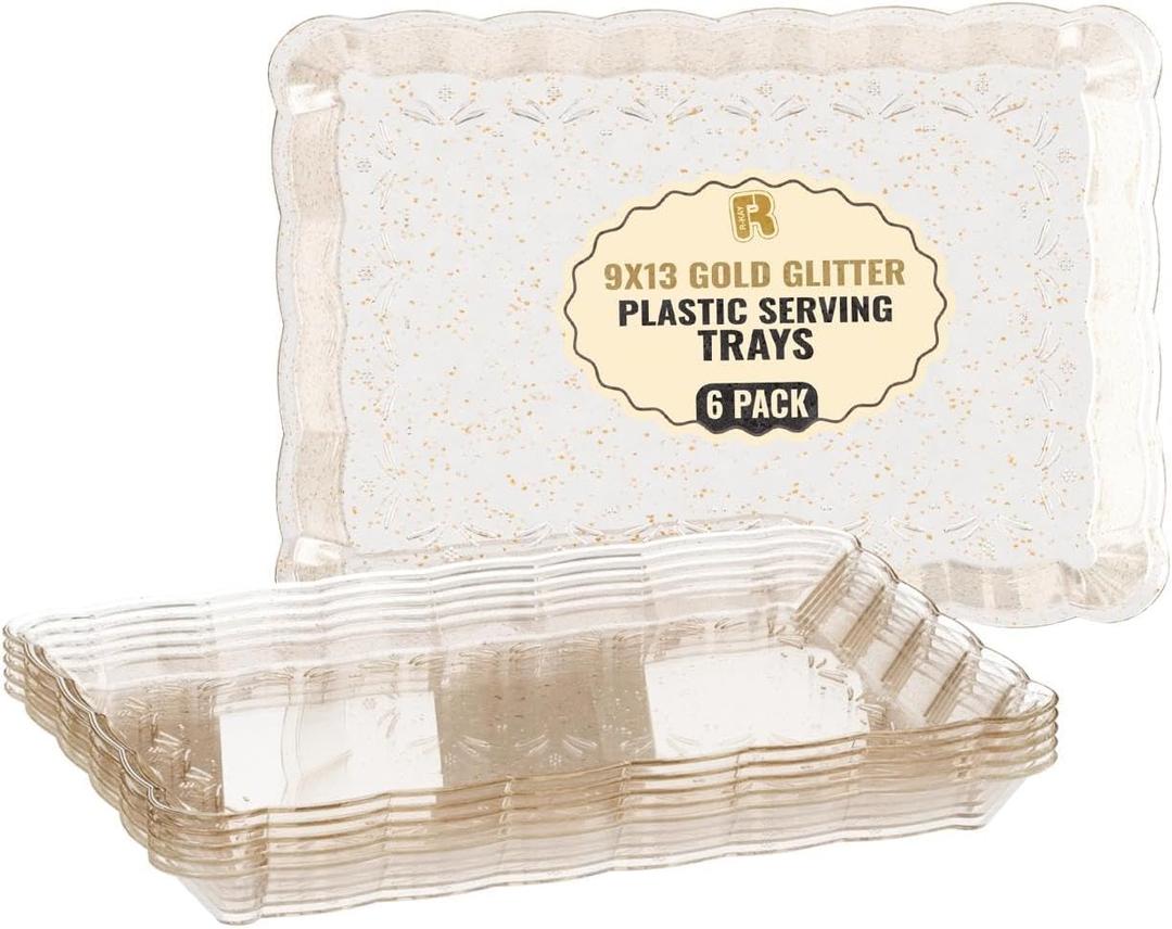 6 Pack Gold Glitter Plastic Serving Trays for Party, 9 x 13 Inch - Heavy Duty Plastic Gold Trays for Food - Rectangular Party Serving Platters
