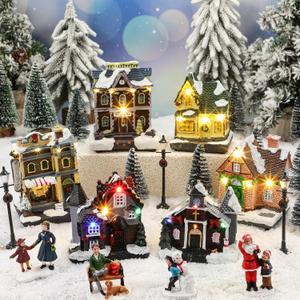 23 Pcs Pre-lit Christmas Village Set LED Houses Village Figurines Accessories Town Building Collection Scene for Holiday Xmas DIY Tabletop, Battery Operated (Not Included) (Classic)
