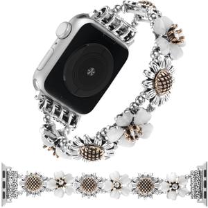 Stretchy Metal Bracelet Bands Compatible with Apple Watch Band 38mm 40mm 41mm 42mm 44mm 45mm 49mm,Women Fancy Elastic Sunflower Heart Dressy Stainless Wristband for iWatch Series 9 8 7 6 5 4 3 2 SE