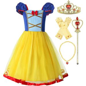 ReliBeauty Girls Elastic Waist Backless Princess Dress Costume with Accessories, Yellow,100 (2T-3T)