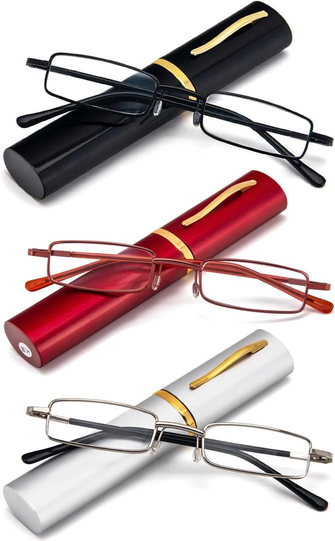 REAVEE 3 Pack Slim Pen Reading Glasses Small Tube Stylish Readers for Women Men Spring Hinged with Portable Clip Case, Black Red Silver 2.75