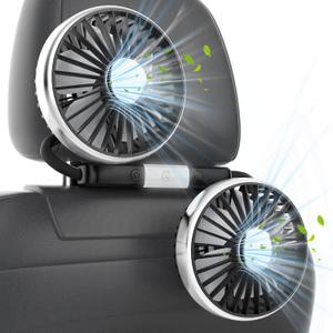 USB Car Fan for Backseat: Dual Rear Seat Fans for Kids Independently Controlled Heads and 2 LED Lights 360 Rotatable Cooling Air Conditioner 3 Speeds Headrest Auto Cooler for Sedan SUV Truck Van