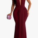 Memoriesea Women's Elegant Sleeveless Deep V Neck Bodycon Party Evening Gown Maxi Dress, Color: Burgundy, Size Small