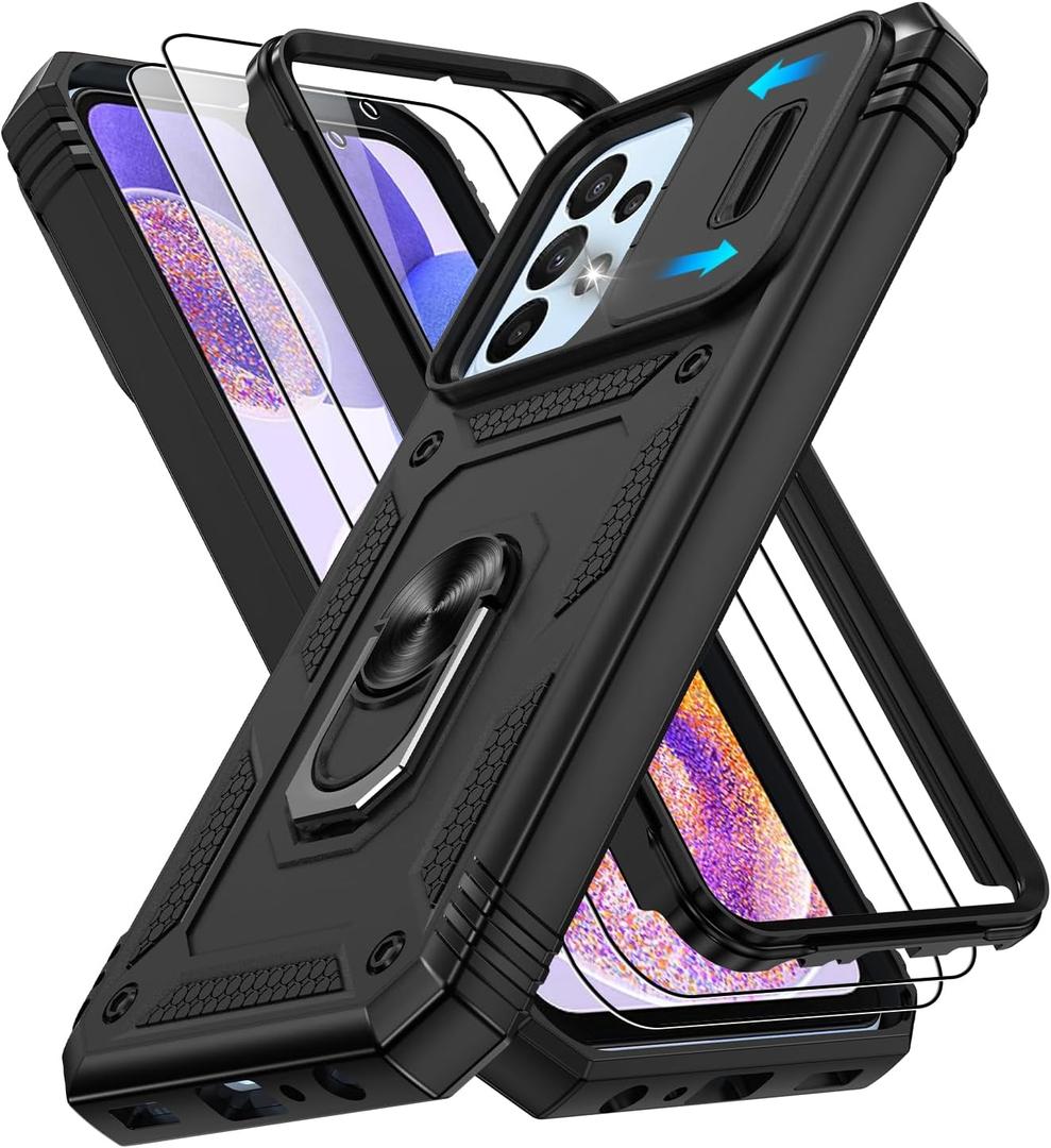for Galaxy A23 5G Phone Case with Slide Camera Cover & Screen Protector*2, Build in 360° Rotating Ring Kickstand, Military Grade Protective Cover for Samsung Galaxy A23 5G, Black