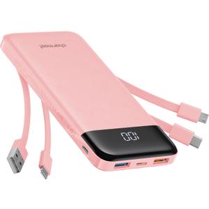 Portable Charger with Built in Cables, Portable Charger with Cords Wires Slim 10000mAh Travel Battery Pack 6 Outputs 3 Inputs 3A Fast Charging Power Bank for Samsung Google Pixel LG Moto iPhone iPad (DustyPink)