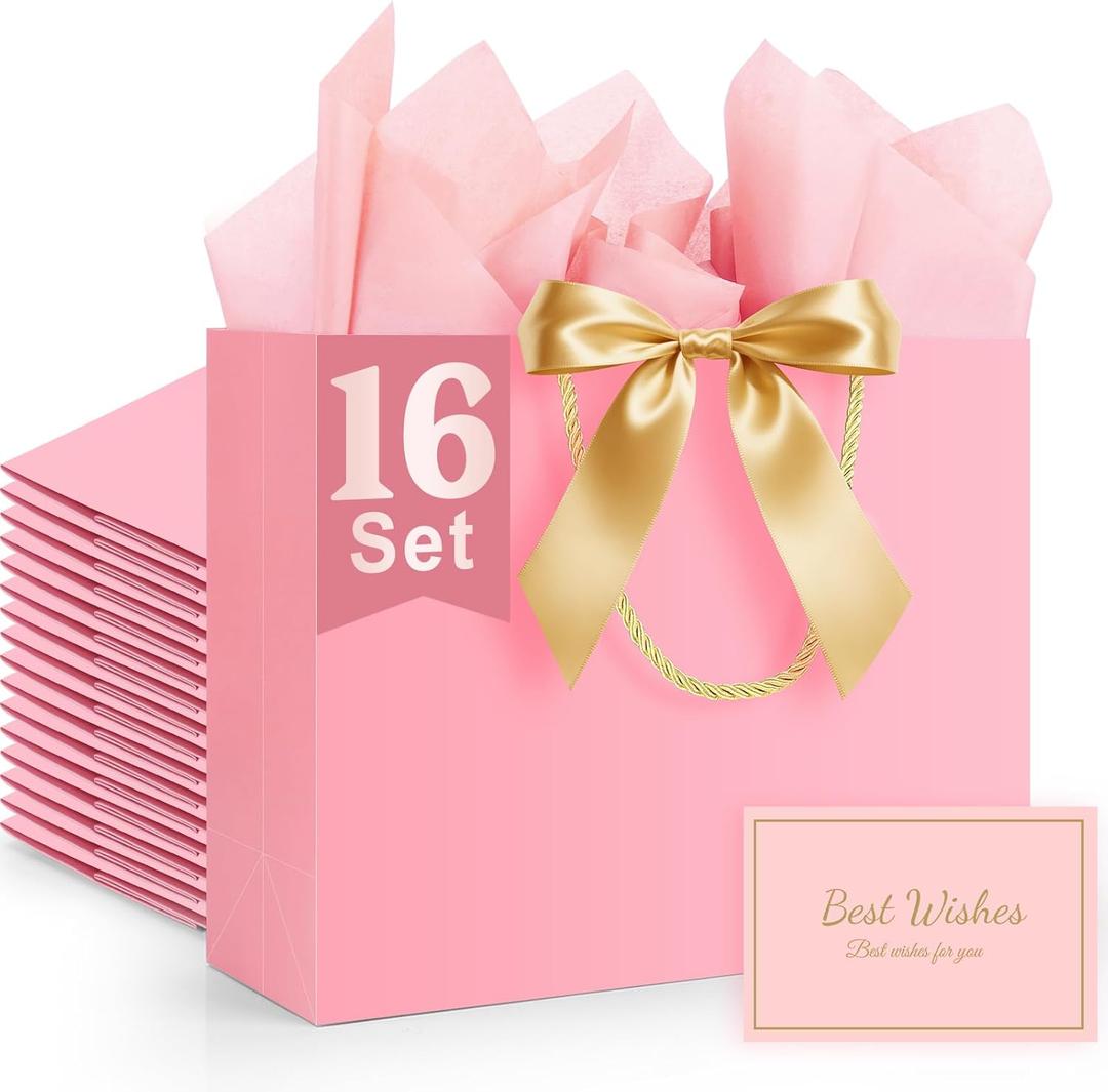 TUXIYA Gift Bag, 16PCS 12.6"x 9.8"x4.3" Pink Gift Bags with 16 Ribbon and 16 Greeting Cards 32 Tissue Paper,Birthday Bag Large Gift Bags for Woman Wedding Party Mothers Day