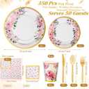 Ziliny 350 Pcs Floral Party Supplies Tableware Set Disposable 9'' 7'' Paper Plates 9 oz Cups Cutlery Napkins Dinnerware for Baby Shower Bridal Wedding 1st Birthday, Serve 50 (Floral, Rose Gold)