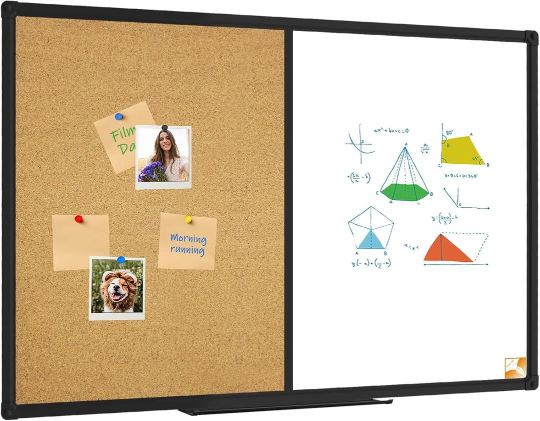 XBoard Magnetic whiteboard 36 x 24 - Combo Whiteboard Dry Erase Board/Cork Board, Magnetic White Board + Corkboard with Black Aluminum Frame, Colorful Push Pins & Marker Tray Included (36" x 24" Black)