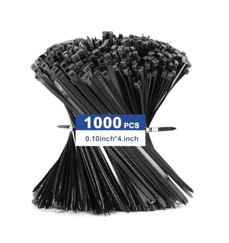 Hsoryrt 1000pcs Zip Ties, 4 inch Cable Ties, 18lbs Black Multi-Purpose Self-Locking Nylon Small Cable Management, UV Resistant Wire Ties, Plastic Ties for Home, Garage, Garden, Office, Workshop