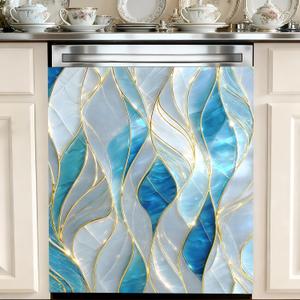 Dishwasher Magnetic Sticker, Glass Curve Style, Blue White Gold-line, 23x25.5 inches, Suitable for Dishwasher and Refrigerator Protection, Kitchen Art Decoration