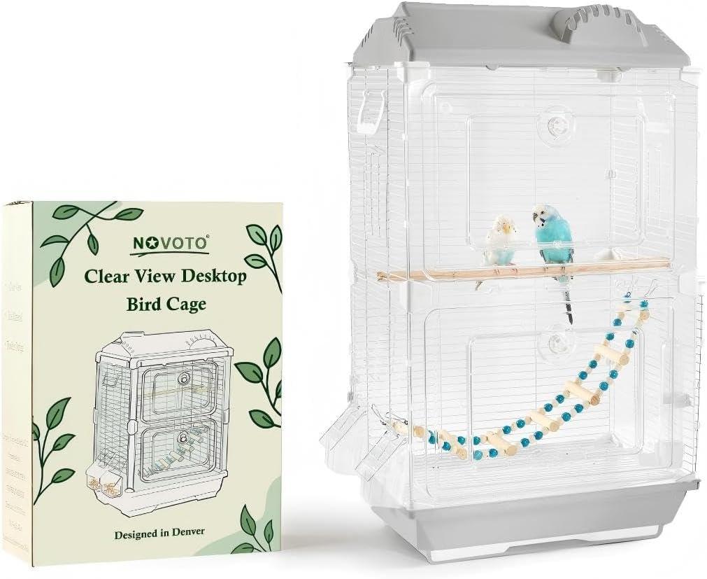 Clear View Bird Cage, Indoor & Travel Small Birdcage for Parakeet, Parrot, Budgies, Cockatiels, Canary |Easy Clean Safe Materials (Gray, Medium)