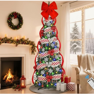 Uspring 6 FT Pop Up Christmas Tree with Lights, Artificial Collapsible Pink Christmas Trees with Remote Control & Colorful LED Light, Pre Decorated Surround Ribbon, Ball Ornaments, Holiday Party Decor