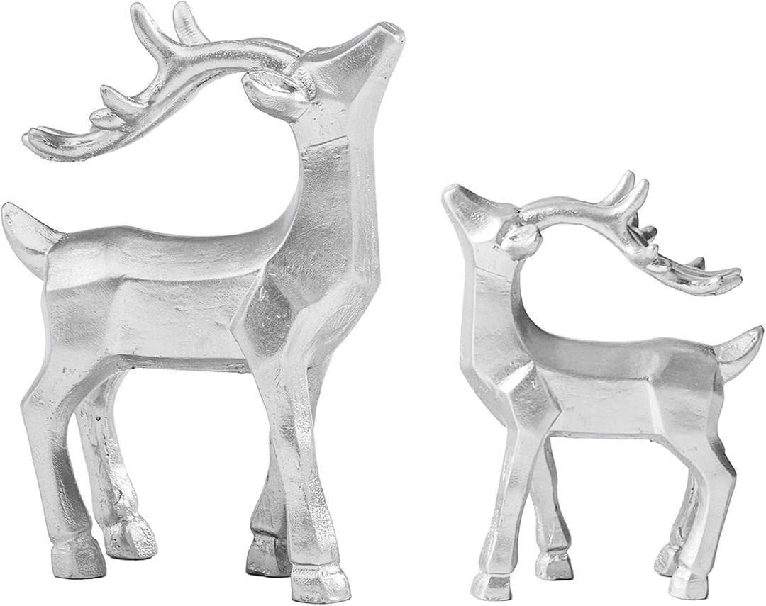 DN DECONATION Reindeer Christmas Decorations Set of 2  Silver Xmas Reindeer Figurines with Faceted Surface, Modern Resin Standing Christmas Deer Statues for Mantel Tabletop Shelf Winter Decor