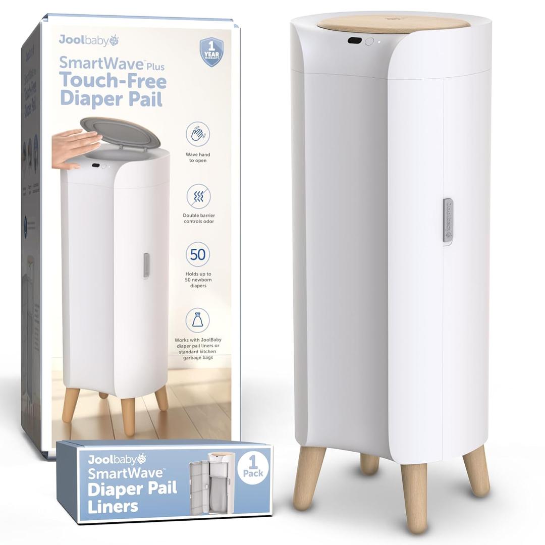 Jool Baby SmartWave Plus Diaper Pail & Refill Motion Sensing Lid with Odor Lock Compatible with Regular Trash Bags Holds up to 50 Newborn Diapers