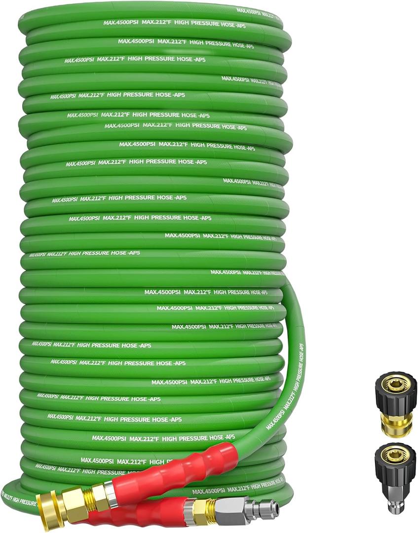 Pressure Washer Hose 200FT 3/8" for Cold and Hot Water 212F, with Swivel Quick Connect, 4500PSI Kink Resistant Grade Steel Wire Braided, Power Washer Hose With 2pcs M22-14mm Adapter (Green)