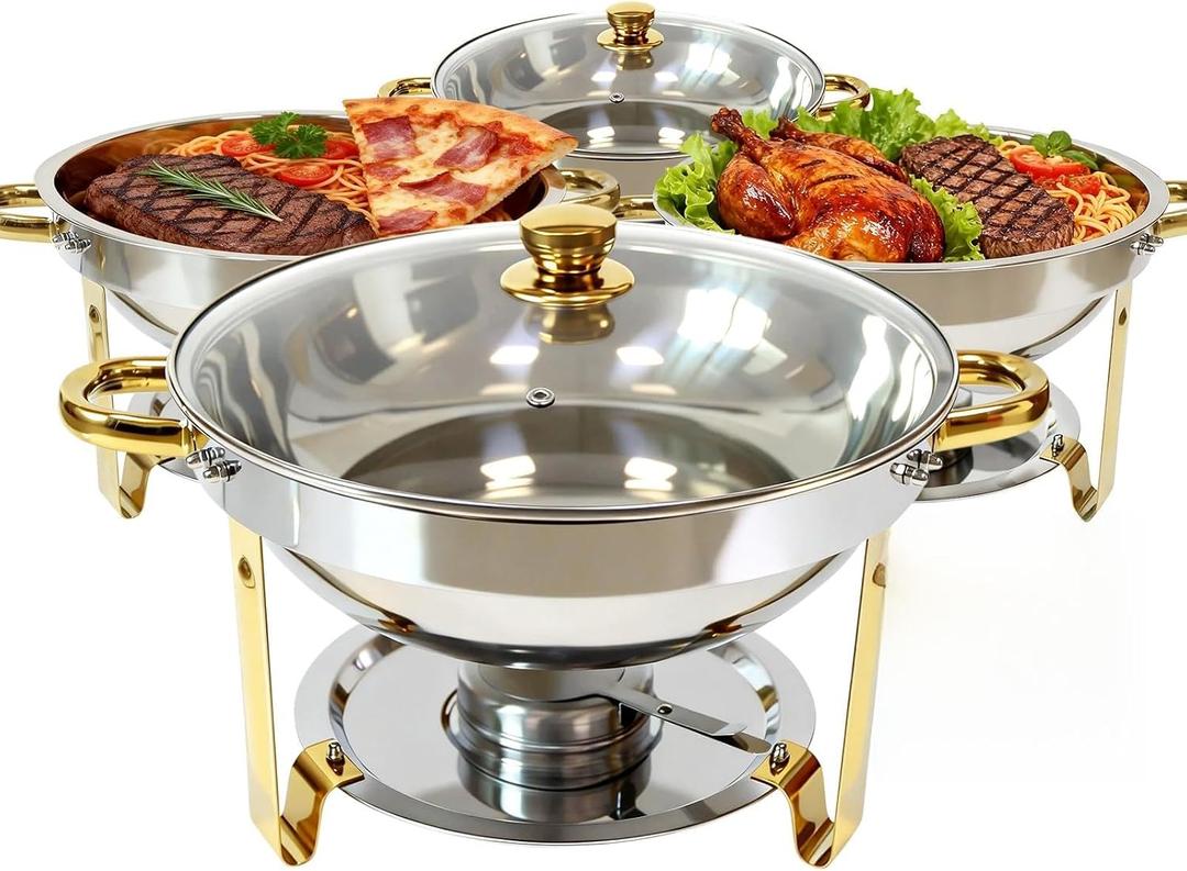 6QT Chafing Dishes for Buffet, Stainless Steel Food Pan with Glass Lid, Round Chafing Dish Buffet Set of 4 Pack Food Warmer, Food Warmers for Parties Buffet Catering Events Dinners, Gold & Silver