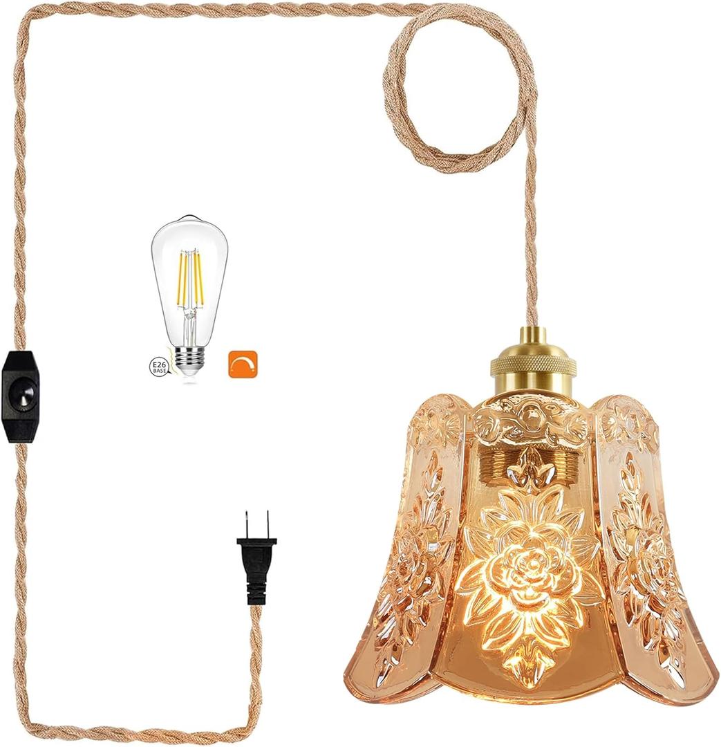 Plug in Pendant Light Hanging Lights with Plug in Cord Mid Century Modern Gold Hanging Lamp Dimmable Mini Amber Glass Vintage Retro Plug in Ceiling Fixture for Living Room,Bedroom,Kitchen,Boho