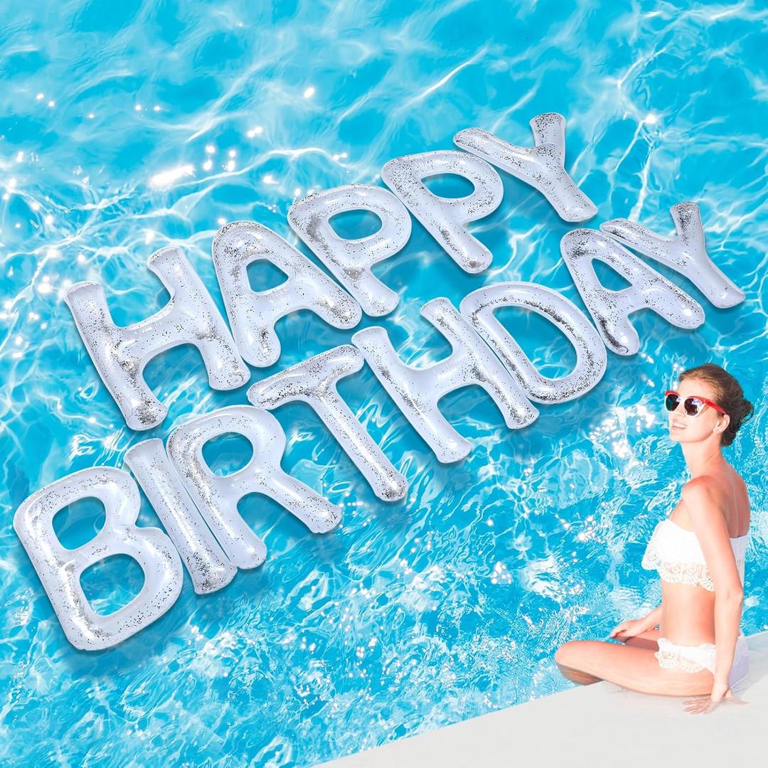 Shappy 20'' Happy Birthday Pool Large Floating Letter Balloons with Adhesive Dots Inflatable Pool Decorations for Summer Birthday Party (White)