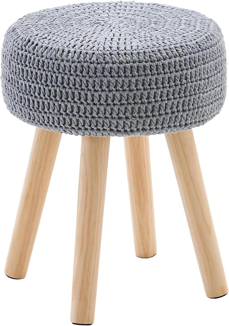 Wimarsbon Small Ottomans, 100% Hand Knitted Pouf Ottoman, Round Footrest with 4 NonSkid Wood Legs, Boho Décor Cotton Rope Pouffe Beside Sofa, Leisure Floor Step Chair for Living Room (Grey)