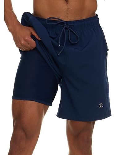 Champion Mens Swim Trunks with Compression Liner, 2 in 1 Mens Bathing Suit Shorts, 7 Inch Inseam Board Shorts for Swimming Navy L