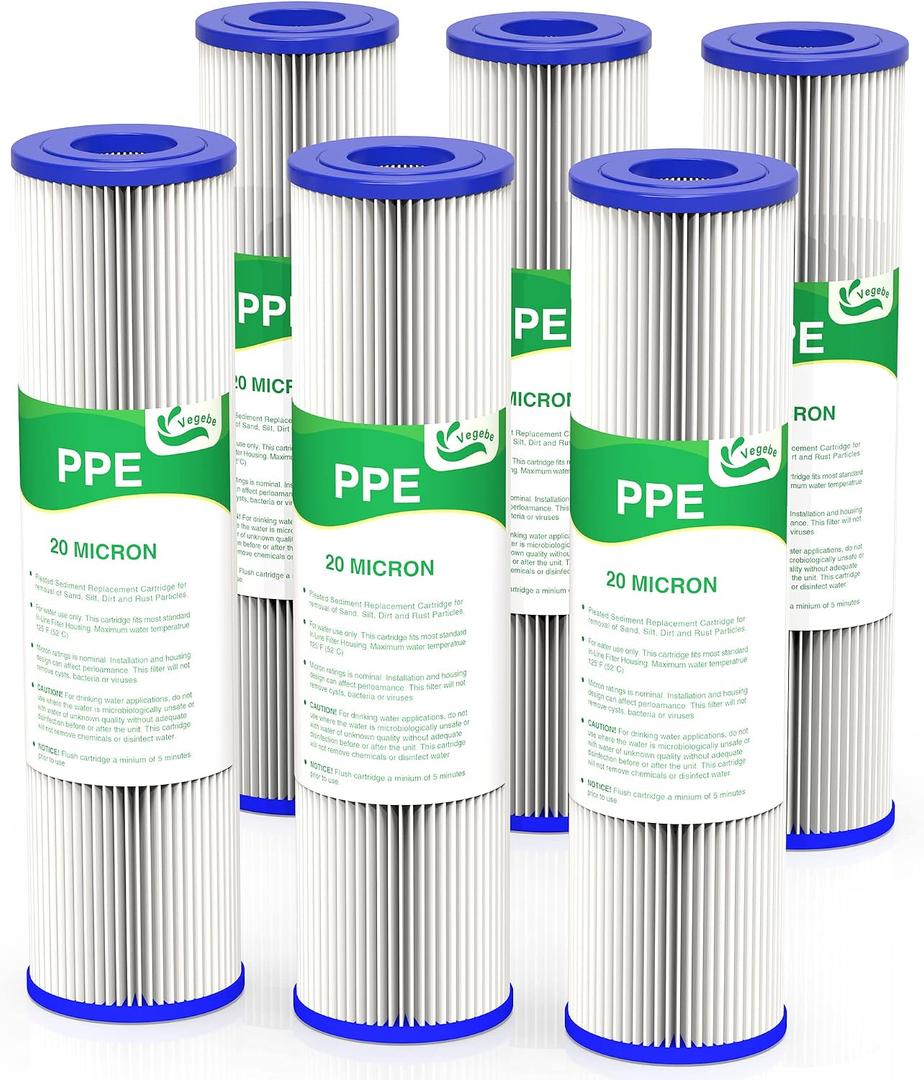 20 Micron Water Filter 10" x 2.5", 10-inch Whole House Sediment Pre-Filters for Well & Tap water, Replacement Cartridge for FXWPC, EQ-PFC35, ECP5-10, S1, 3WH-STDPL-F02, SPC-25-1005, 6-Pack