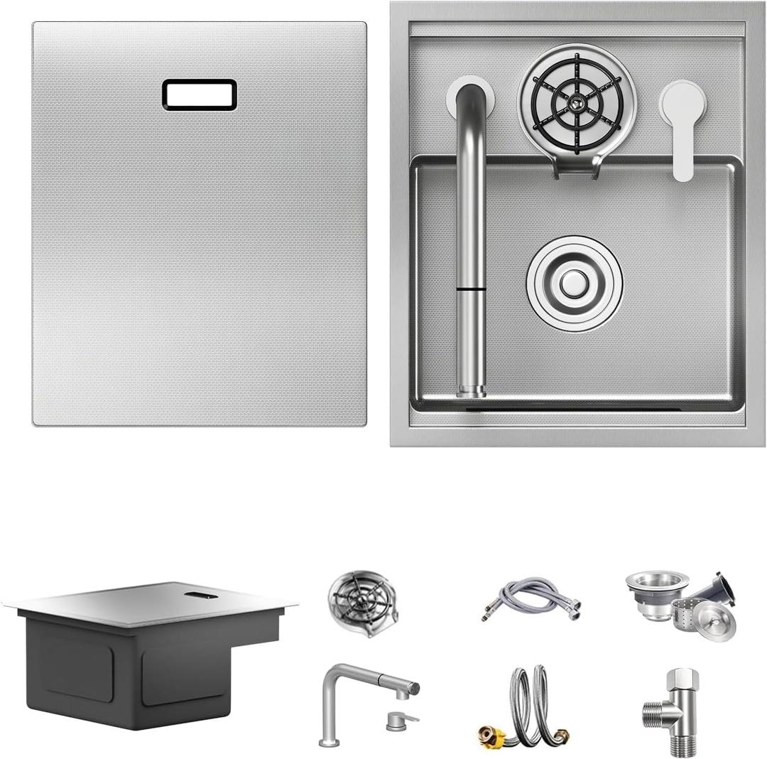 15 x 17 inch Bar Sink 11 Gauge Handmade Stainless Steel Wet Sink Topmount Small Kitchen sink Sinagle Bowl With Brushed Finish for Outdoor RV and Prep Use, 15"x17"x9"