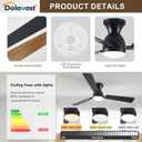 Ceiling Fans with Lights, 52 inch Low Profile Ceiling Fan with Light and Remote Control, Flush Mount, Reversible, 3CCT, Dimmable LED, Noiseless, Black Ceiling Fan for Bedroom, Living Room