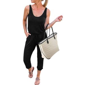 KIRUNDO Women 2026 Summer Jumpsuits Casual Sleeveless Drawstring Elastic Waist Romper Vacation Cruise Airport Travel Outfits (Black, L)