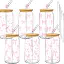 6Pcs Pink Bow Glass Cups with Lids and Straws 16oz Pink Cute Coquette Ribbon Drinking Glasses Cups Iced Coffee Cup for Women Girls Friend Bridesmaid Coffee Tumbler Birthday Party Gifts