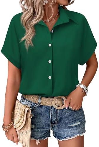 Short Sleeve Button Down Shirts for Women Summer Hawaiian Blouses Cap Sleeve Oversized Work Office Tops Solid/Floral, S