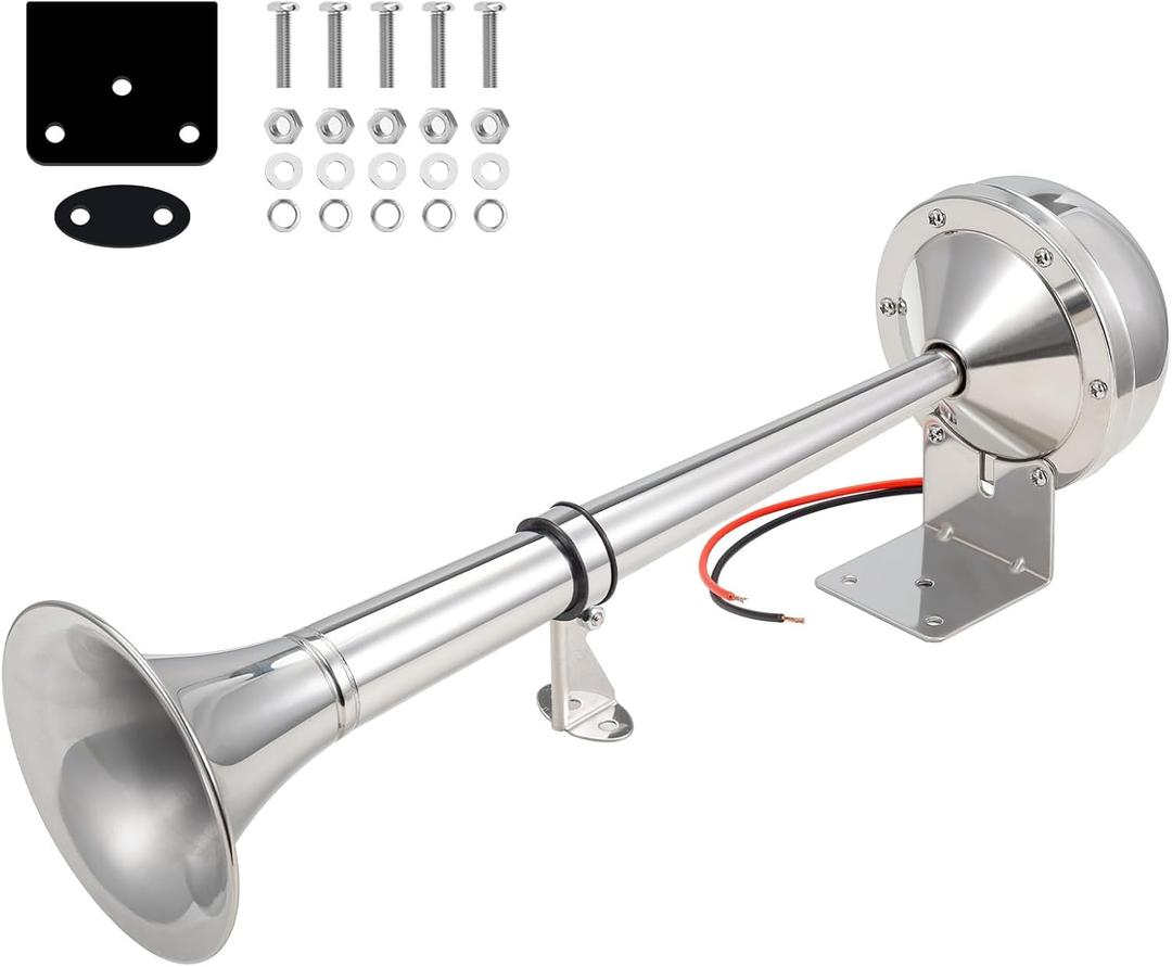 Horns 12V for Boat, Marine Boat Trumpet Horn Polished Stainless Steel Marine Horn, Low and High Tone Adjustable Trumpet Support
