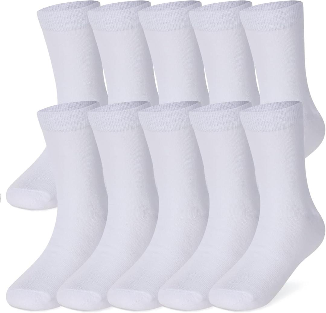 Velice Unisex Little Kids Youth Boys Girls Socks Soft Cotton Dress School Uniform Seamless Black White Crew Sock 10 Pairs (9-12 Years)