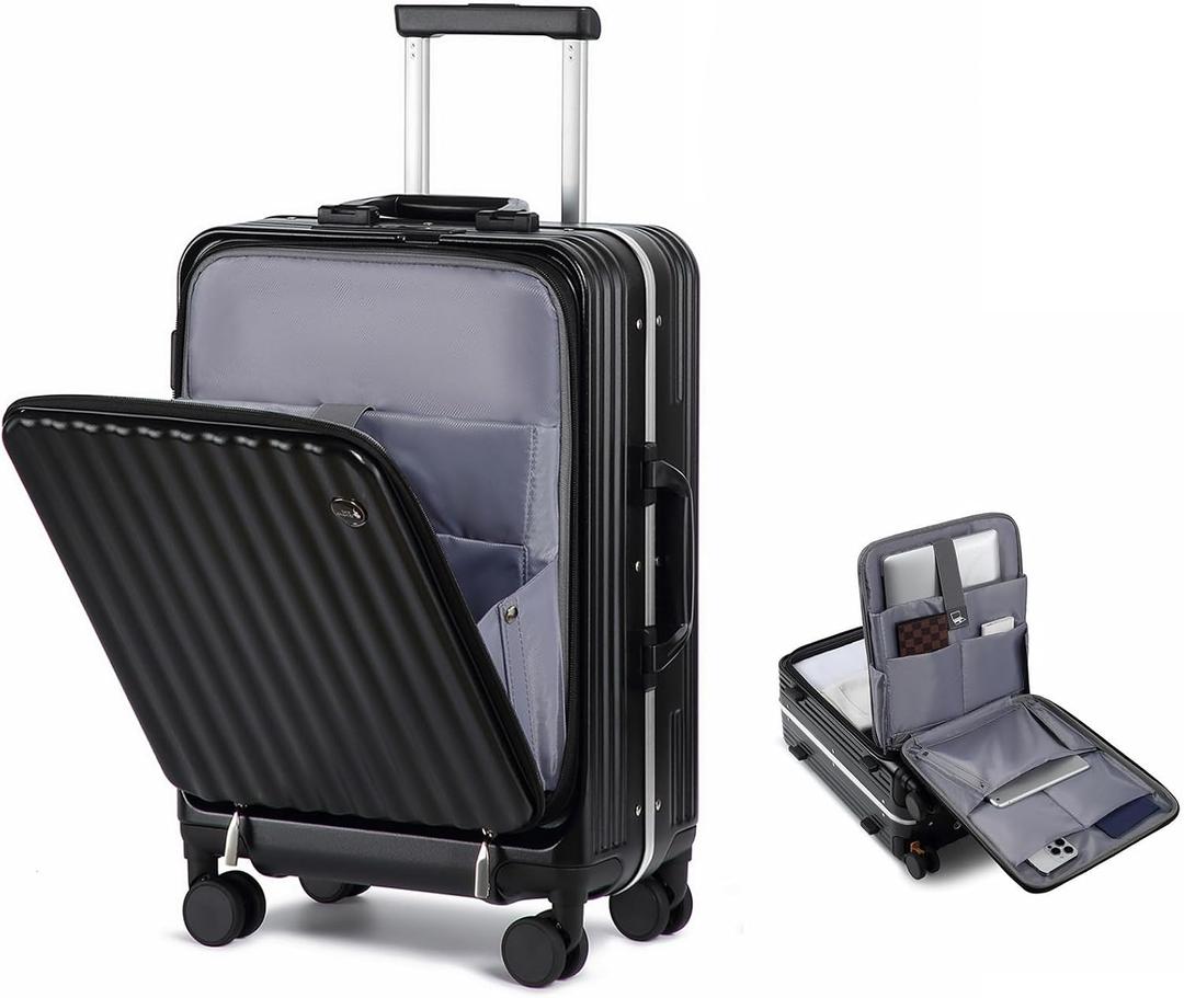 Somago Carry on Luggage Front Open 22x14x9 Airline Approved Lightweight Suitcase with Cup Holder and USB Port Aluminum Frame Polycarbonate Spinner Hard Suitcase with TSA Lock (Classic Black)