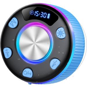 Bluetooth Shower Speaker, Portable Bluetooth 5.3 Speakers Wireless with Time Display, IP7 Waterproof Speakers with RGB Light, Suction Cup, Mini Stereo Speaker for Bathroom Party Beach Outdoor, Azure
