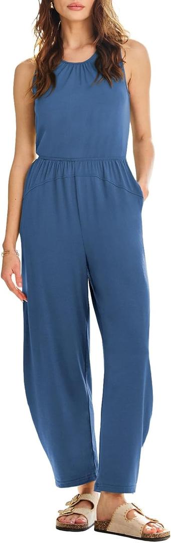 Happy Sailed Womens Jumpsuit Casual Crew Neck Sleeveless Jumpsuits High Waist Long Pant Rompers with Pockets (X-Large, Blue)