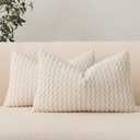 UGASA Velvet 12x20 Inch Lumbar Throw Pillow Cover, Both Sides Corduroy Striped, Soft Solid Decorative Rectangular Cushion Case for Couch/Bedroom/Car, 2 Pieces, Cream