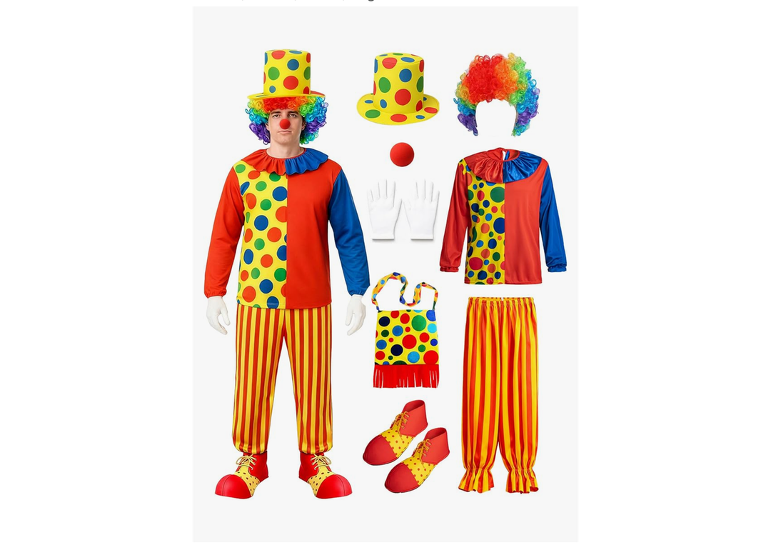 7 Piece Adult Clown Costume Set with Wig, Hat, Nose, Gloves, Shoes, Bag for Halloween Parties, L