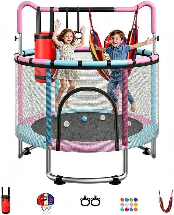 55/60" Trampoline for Kids, 4.5/5 FT Toddler Trampoline with Enclosur Net, Basketball Hoop & Sandbag, 440 LBS Capacity, Adjustable HeightGifts for Ages 3-12 Boys & Girls